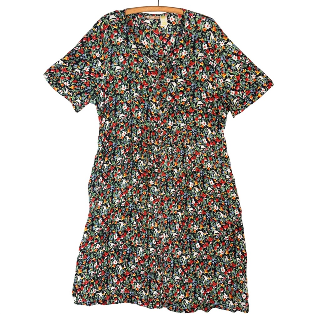 La Cera Women 2X Floral Button Front Midi Dress Rayon Short Sleeve Back Tie Boho